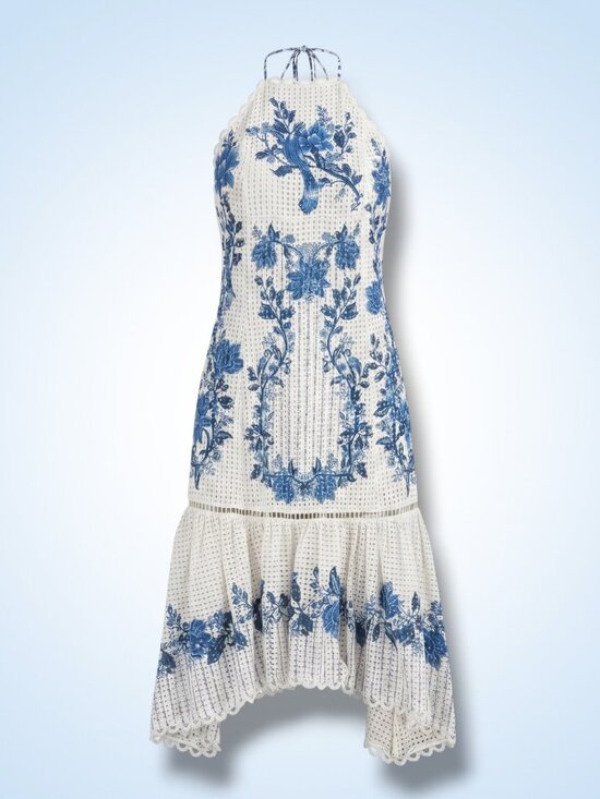 FARM Rio Dresses & Skirts - FARM Rio White Crochet Midi Dress with Blue Floral Print